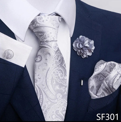 Luxury Men's Floral Tie Set - Black Gold Paisley Necktie with Pocket Square, Cufflinks & Brooch - BOC-WEAR