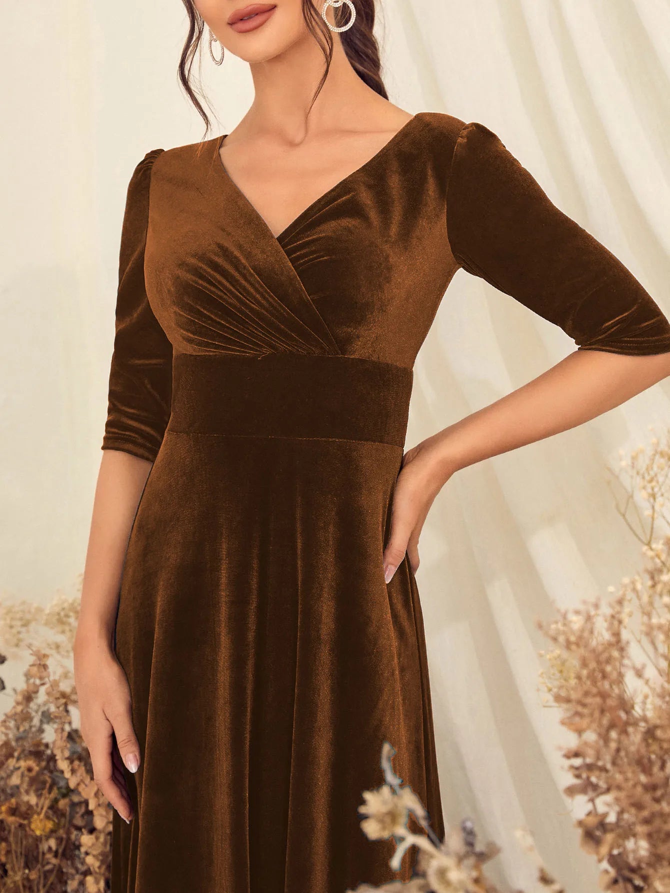 V-Neck Plush Cross-Ruffled Evening Dress