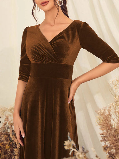 V-Neck Plush Cross-Ruffled Evening Dress