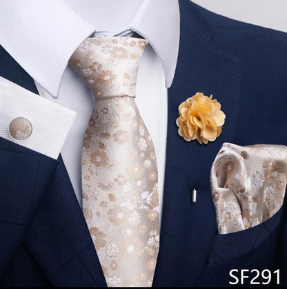 Luxury Men's Floral Tie Set - Black Gold Paisley Necktie with Pocket Square, Cufflinks & Brooch - BOC-WEAR