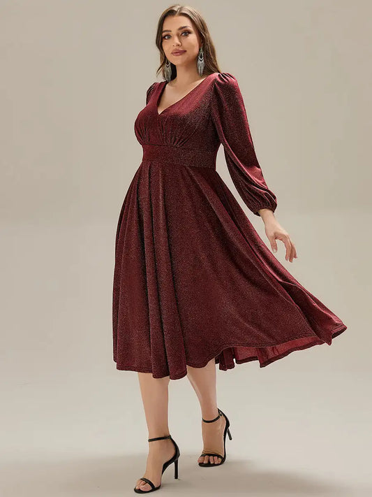 V-Neck A-Line Midi Wedding Guest Dress