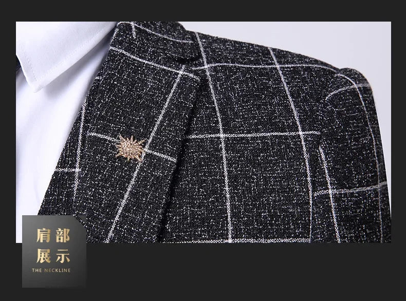 Suit Fashion Business Casual Gentleman Men's Italian Style Elegant Plaid Slim-Fit Formal 3-Piece Suit