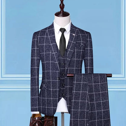 Suit Fashion Business Casual Gentleman Men's Italian Style Elegant Plaid Slim-Fit Formal 3-Piece Suit