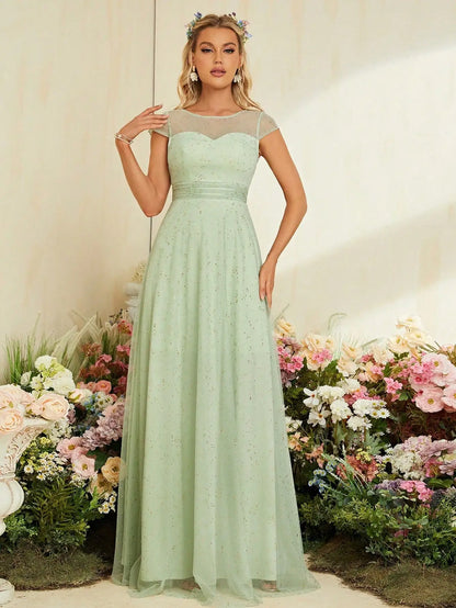 Gold Mesh Short Sleeve Evening Gown