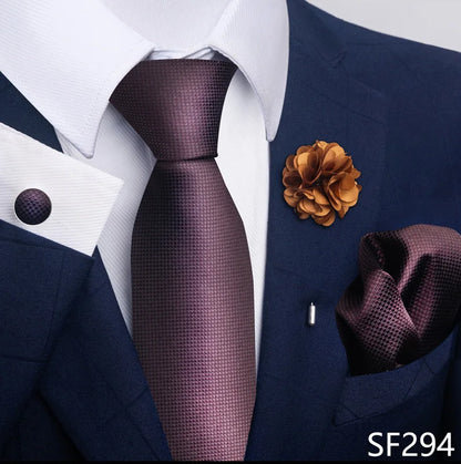 Luxury Men's Floral Tie Set - Black Gold Paisley Necktie with Pocket Square, Cufflinks & Brooch - BOC-WEAR