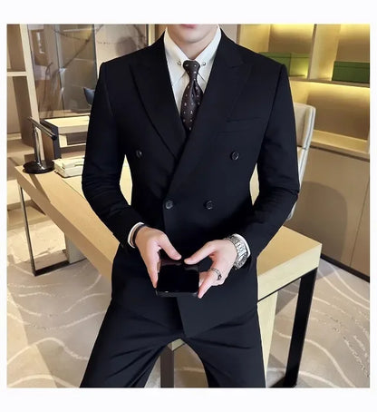 Men's Slim Fit Business Suit Set - Double Breasted Wedding Groom Suit with Pants | British Style - BOC-WEAR