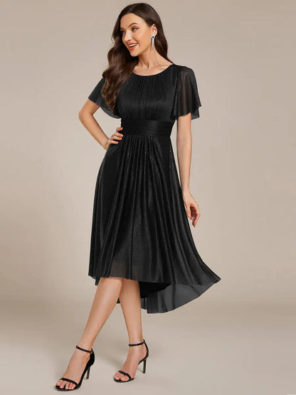 Elegant Evening Dresses Short Sleeves Pleated Ruffle Round Neck Asymmetrical 2025 Ever Pretty of Black Wedding Guest Dress