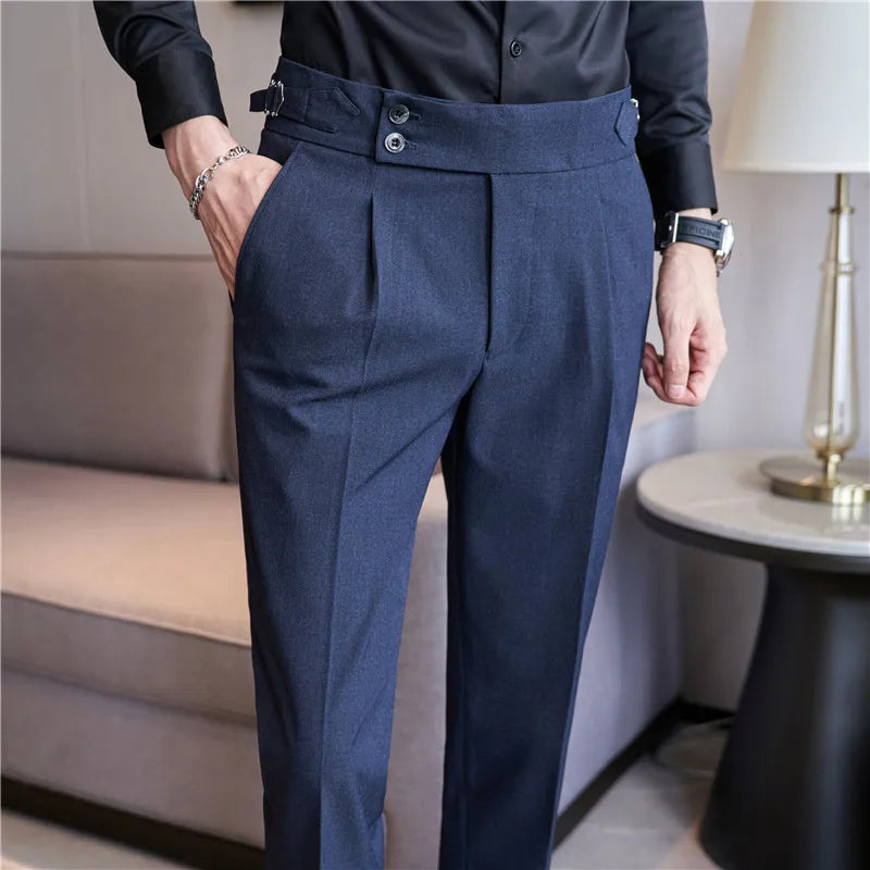 2025 Spring Autumn Men High Waist Belt Design Casual Slim Formal Dress Pant Men Social Office Wedding Party Dress Suit Pants