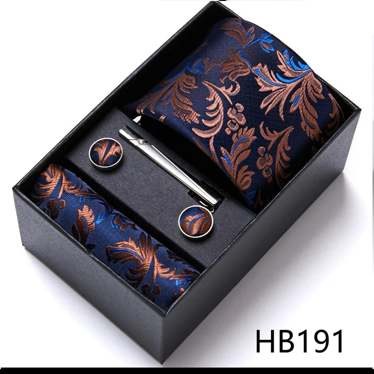 Top Grade Holiday Gift Box 7.5 cm Green Print Tie Pocket Squares Cufflink Set Gravatas Man Suit Accessories Fit Formal Party - BOC-WEAR