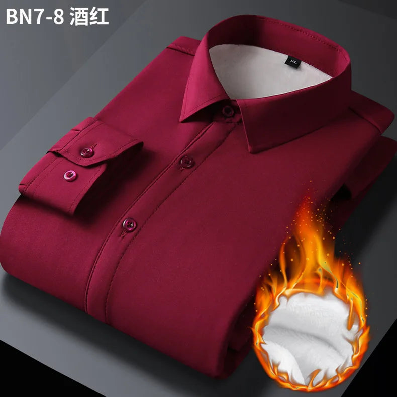 2025 Men's Autumn Winter Long Sleeve Shirts White Warm Fleece Stretch Shirt Formal Business Office Wear Dress Shirts Male M-5XL - BOC-WEAR