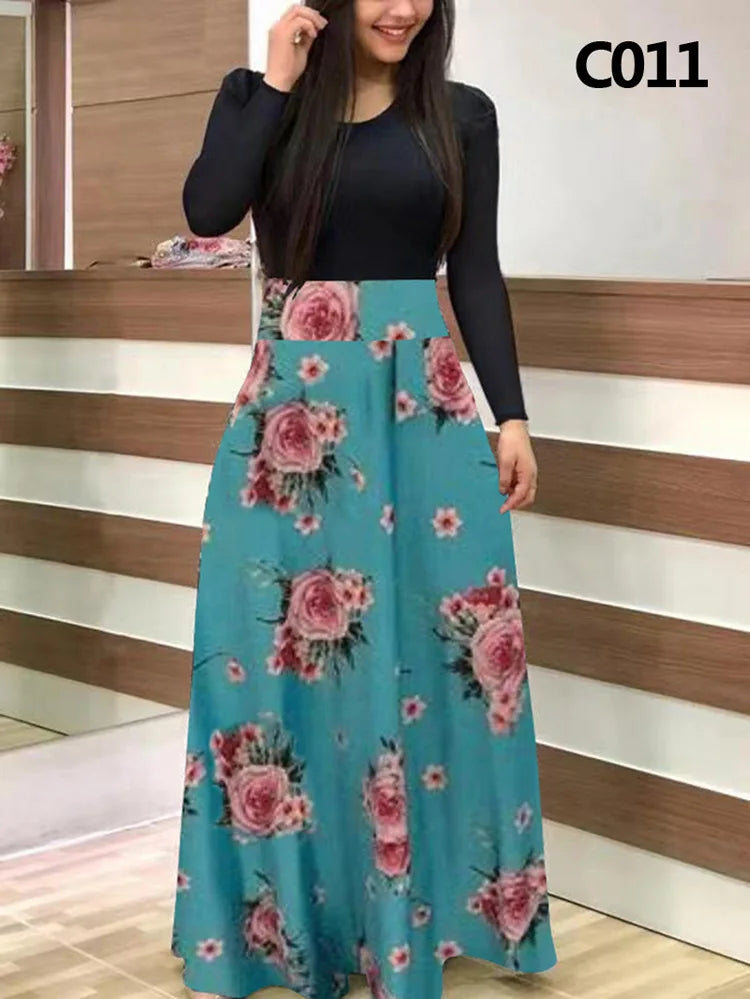 Women's Elegant Floral Maxi Dress - Retro Printed Long Sleeve Banquet Gown | S-5XL - BOC-WEAR