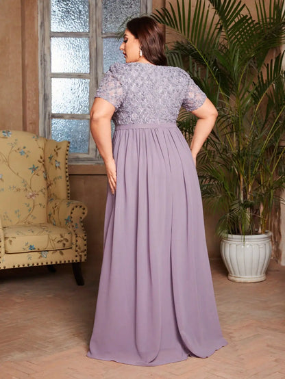 V-neck romantic three-dimensional floral short-sleeved chiffon long dress with patchwork