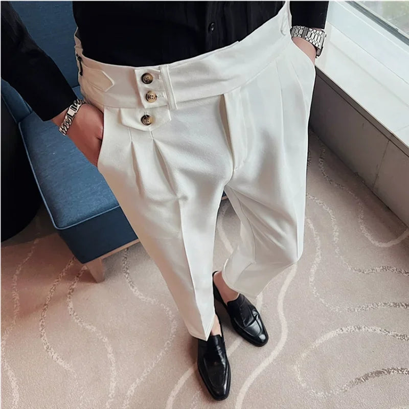 2025 Spring Autumn Men High Waist Belt Design Casual Slim Formal Dress Pant Men Social Office Wedding Party Dress Suit Pants