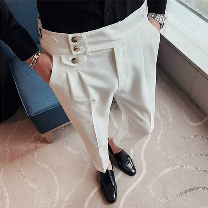 2025 Spring Autumn Men High Waist Belt Design Casual Slim Formal Dress Pant Men Social Office Wedding Party Dress Suit Pants