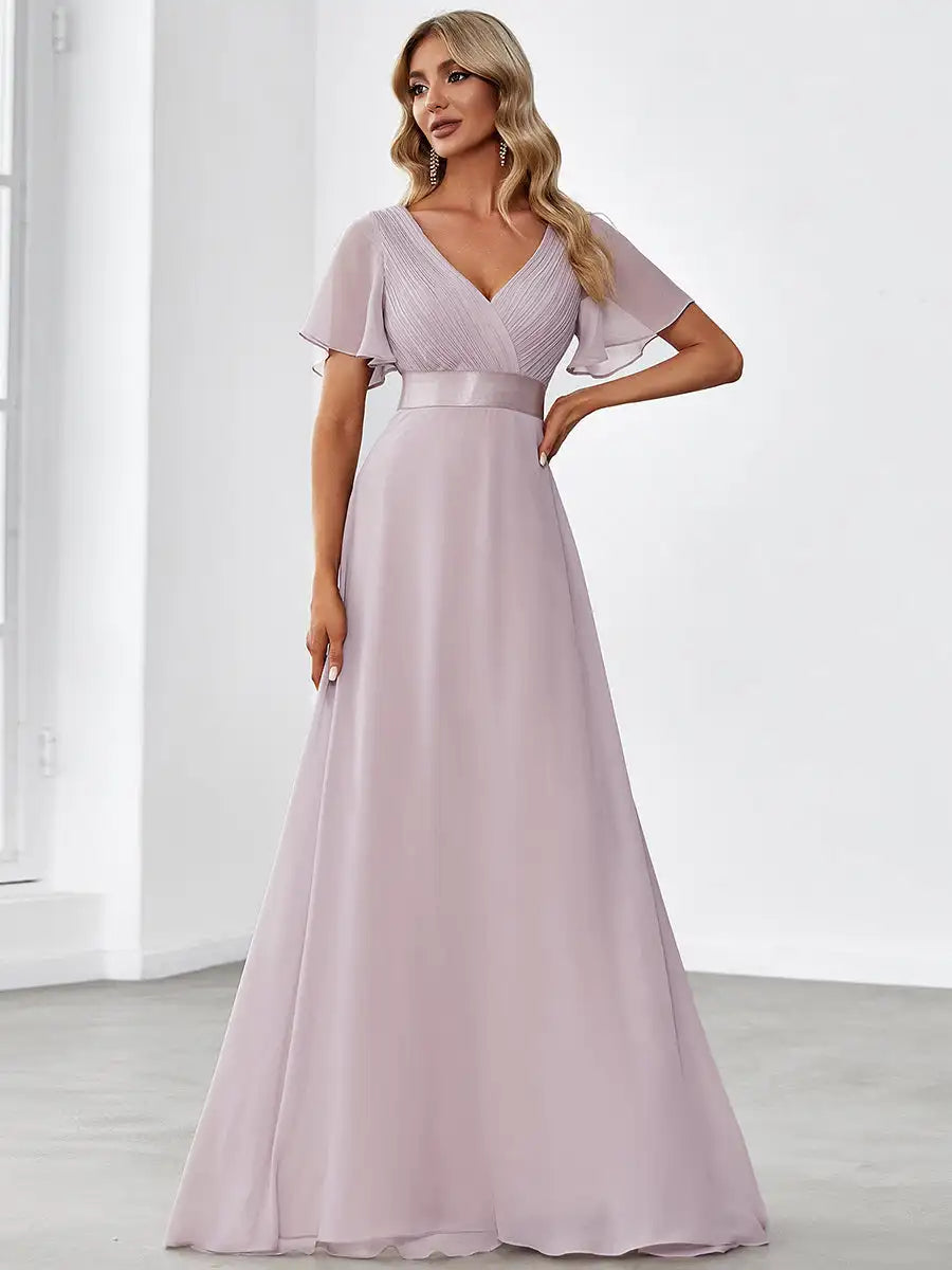 Double V-Neck Ruffled Evening Dress