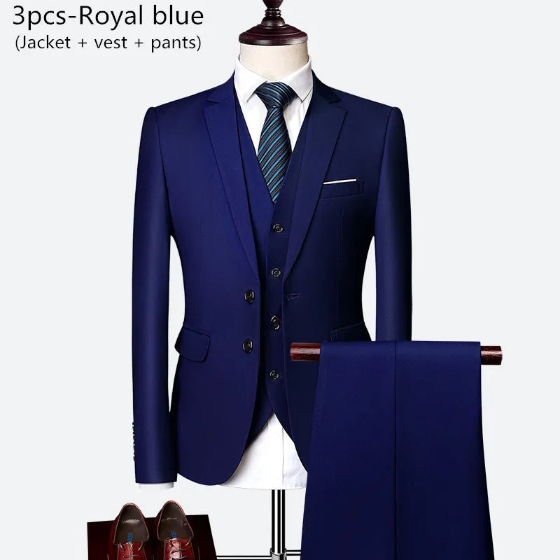 Luxury 3 piece men's wedding suit fashion men's slim solid color business office suit sets large size men Blazer+ pants + vest - BOC-WEAR