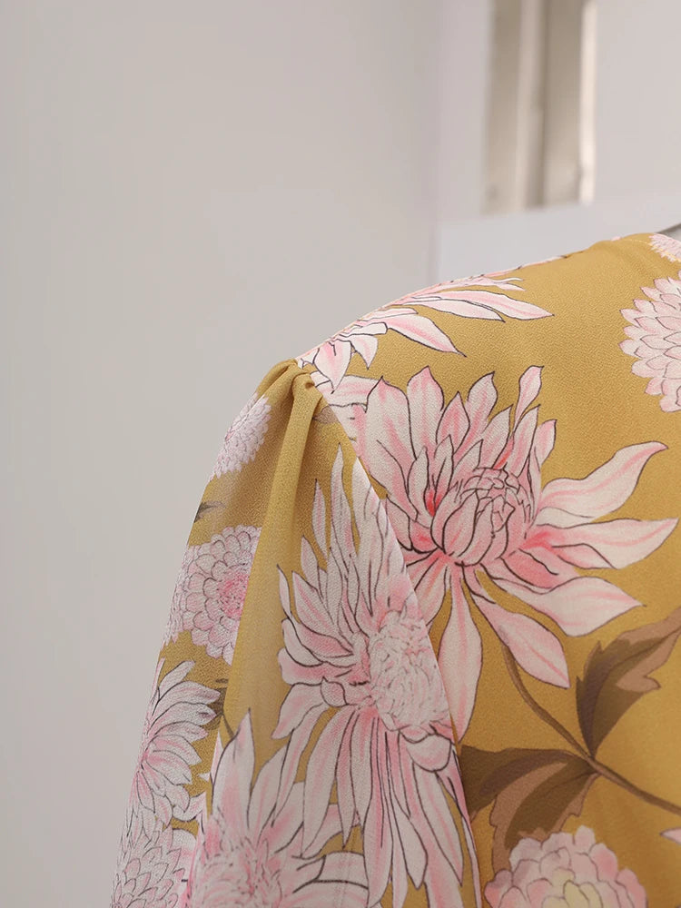 BOC-WEAR LANMREM Pleated Long Dress - Floral Print Lace-Up Dress for Church - BOC-WEAR