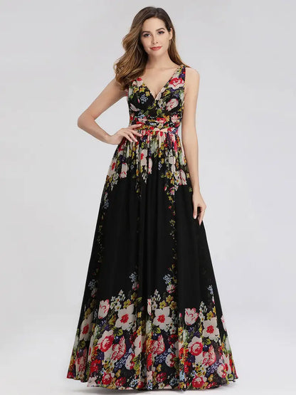 Double V-Neck Chiffon Maxi Prom Dress