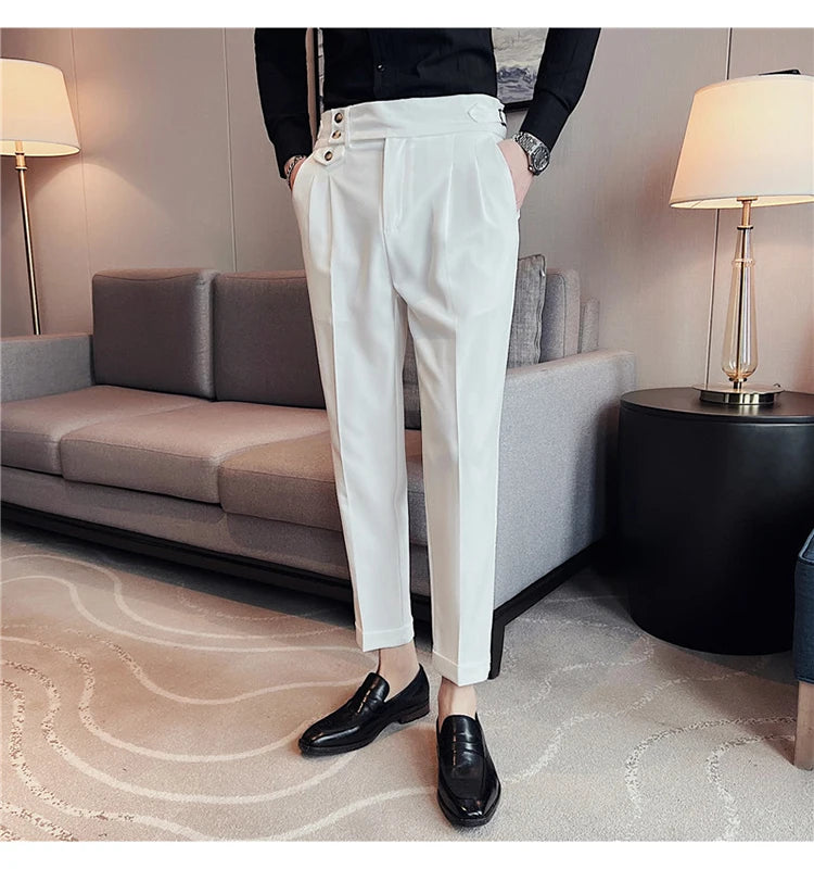 2025 Spring Autumn Men High Waist Belt Design Casual Slim Formal Dress Pant Men Social Office Wedding Party Dress Suit Pants