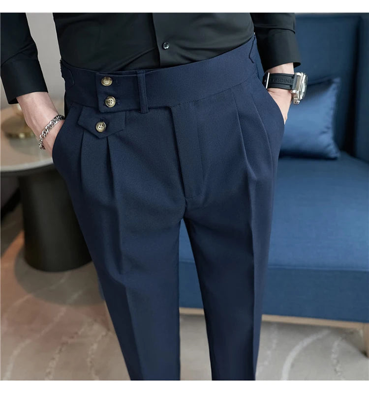 2025 Spring Autumn Men High Waist Belt Design Casual Slim Formal Dress Pant Men Social Office Wedding Party Dress Suit Pants