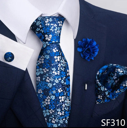 Luxury Men's Floral Tie Set - Black Gold Paisley Necktie with Pocket Square, Cufflinks & Brooch - BOC-WEAR