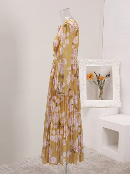 BOC-WEAR LANMREM Pleated Long Dress - Floral Print Lace-Up Dress for Church - BOC-WEAR