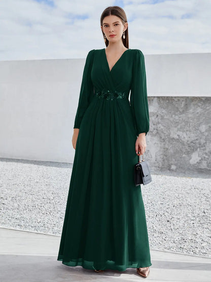 V-Neck Beaded Print Chiffon Maxi Dress