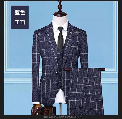 Suit Fashion Business Casual Gentleman Men's Italian Style Elegant Plaid Slim-Fit Formal 3-Piece Suit