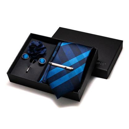 Navy blue Silk Necktie Paisley Floral Mens Tie Pocket Square Cufflinks Set Quality Business Wedding Birthday Gift Box Gravatas - BOC-WEAR