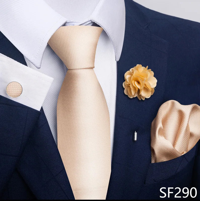 Luxury Men's Floral Tie Set - Black Gold Paisley Necktie with Pocket Square, Cufflinks & Brooch - BOC-WEAR