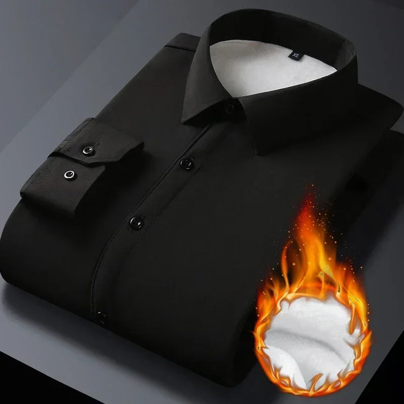 2025 Men's Autumn Winter Long Sleeve Shirts White Warm Fleece Stretch Shirt Formal Business Office Wear Dress Shirts Male M-5XL - BOC-WEAR