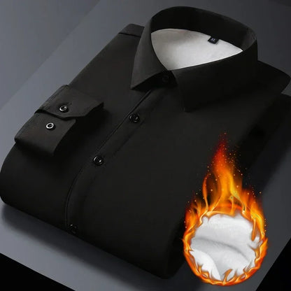 2025 Men's Autumn Winter Long Sleeve Shirts White Warm Fleece Stretch Shirt Formal Business Office Wear Dress Shirts Male M-5XL - BOC-WEAR