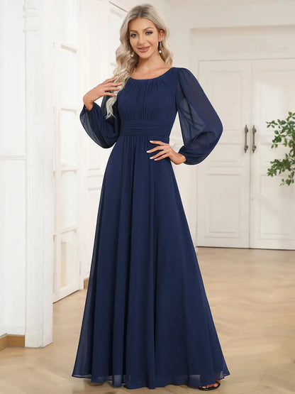 JAEL Classic Evening Dress - Round Neck A-Line Bridesmaid Dress with Lantern Sleeves
