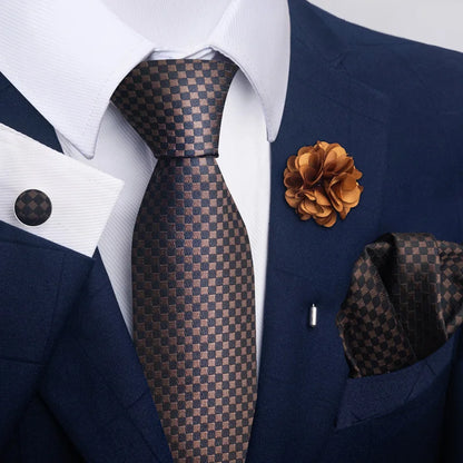 Luxury Men's Floral Tie Set - Black Gold Paisley Necktie with Pocket Square, Cufflinks & Brooch - BOC-WEAR