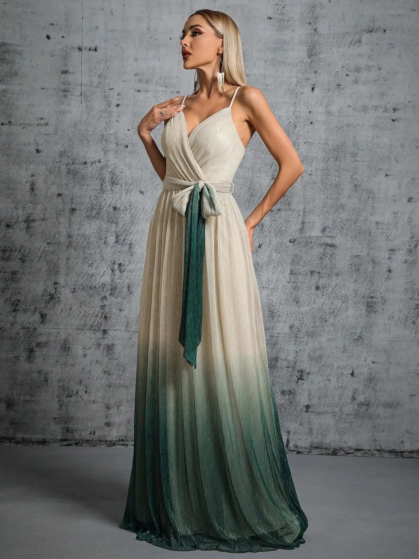 Plus Size Halter V-Neck Pleated Silk Gown