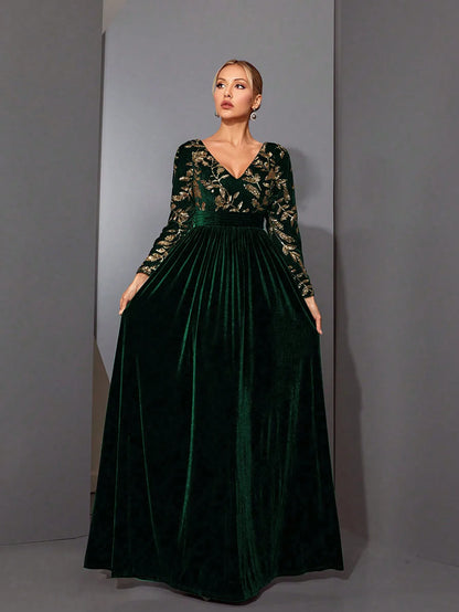 Mgiacyv-neck, gorgeous sequined, long-sleeved, velvet, large-sleeved dress with a cinched waist