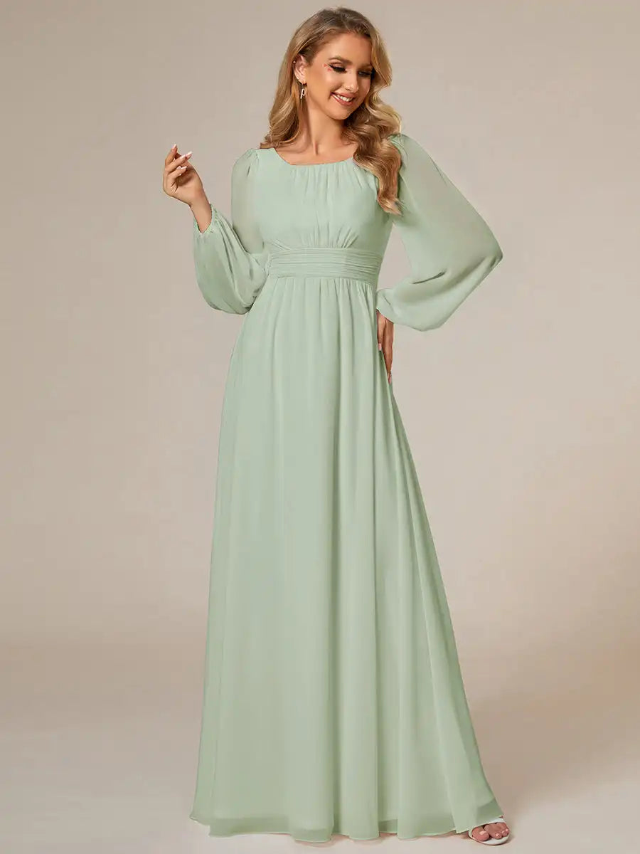 JAEL Classic Evening Dress - Round Neck A-Line Bridesmaid Dress with Lantern Sleeves