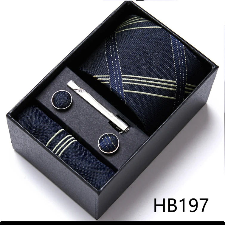 Top Grade Holiday Gift Box 7.5 cm Green Print Tie Pocket Squares Cufflink Set Gravatas Man Suit Accessories Fit Formal Party - BOC-WEAR