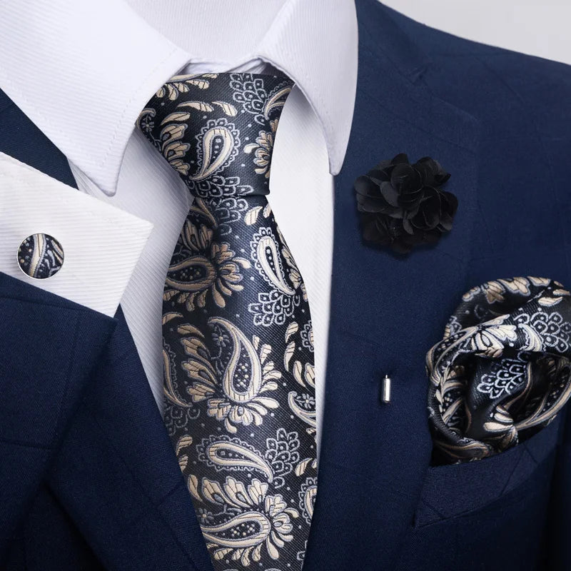 Luxury Men's Floral Tie Set - Black Gold Paisley Necktie with Pocket Square, Cufflinks & Brooch - BOC-WEAR