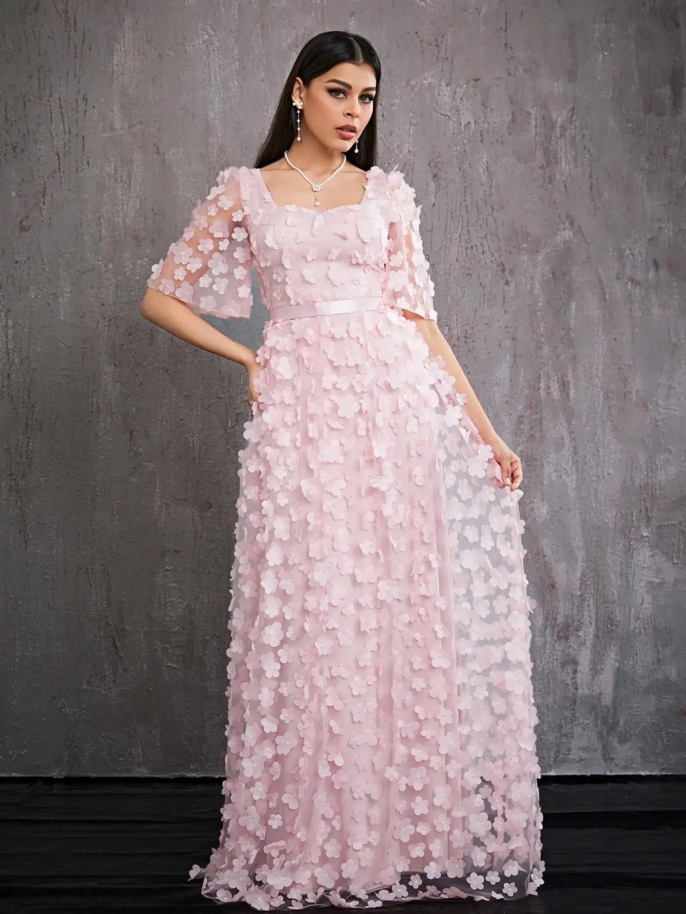 MGIACY Solid Color Heart Collar Roll Beads Top Top Sleeved Ball Dress for Women (Heavy Industry)