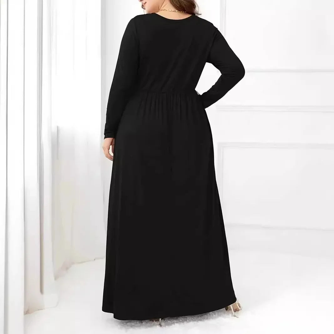 Plus Size Plus Size Solid Color Dress Casual Waist Cinched Long Sleeve round Neck Long Dress Comfortable Fashion Women's Clot... - BOC-WEAR