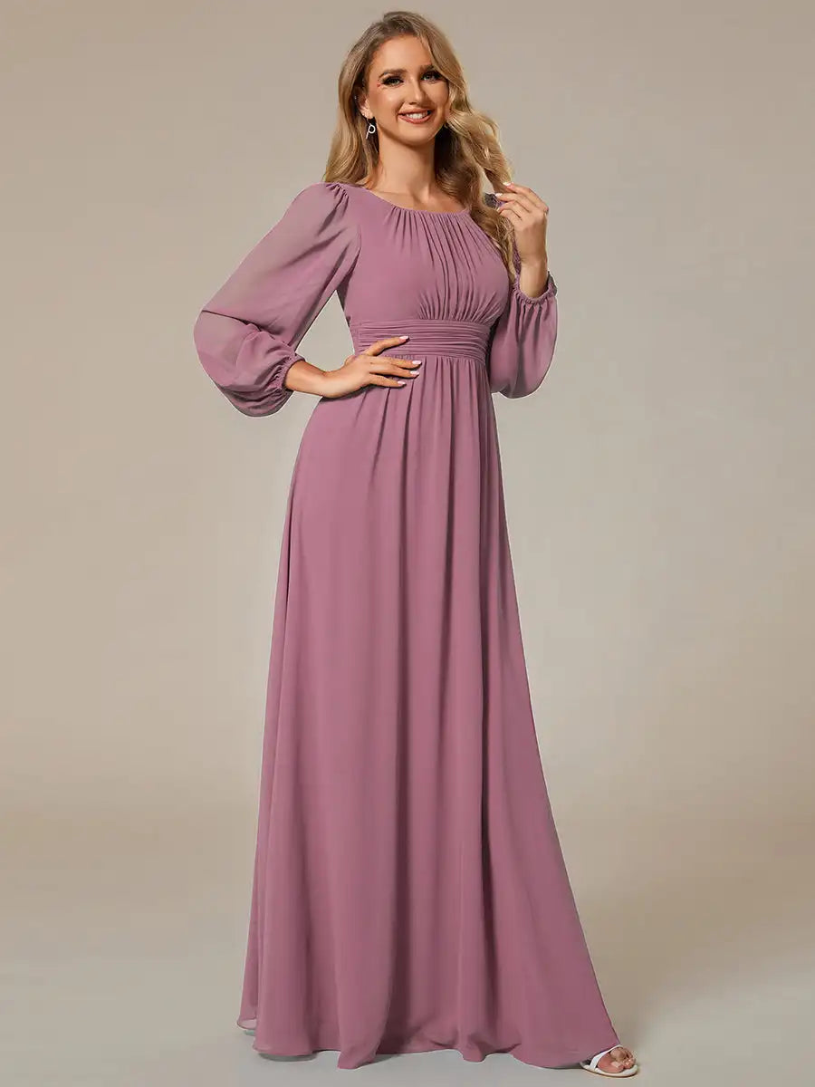 JAEL Classic Evening Dress - Round Neck A-Line Bridesmaid Dress with Lantern Sleeves