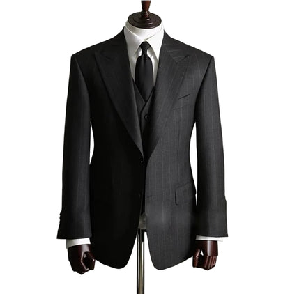 Men's Classic Dark Grey Striped 3-Piece Suit - Formal Business Wedding Groom Suit Set - BOC-WEAR