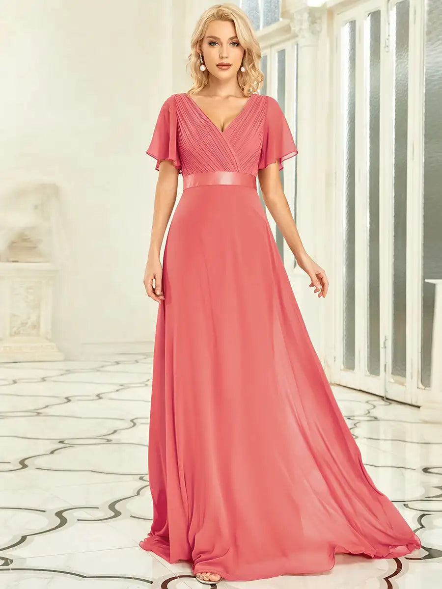 Double V-Neck Ruffled Evening Dress