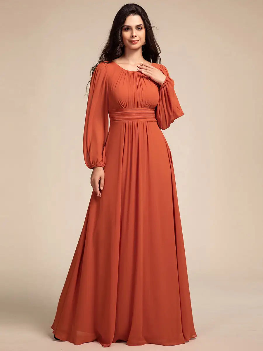 JAEL Classic Evening Dress - Round Neck A-Line Bridesmaid Dress with Lantern Sleeves