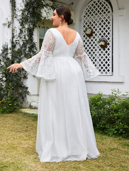 V-Neck Lace Mesh A-Line Wedding Dress