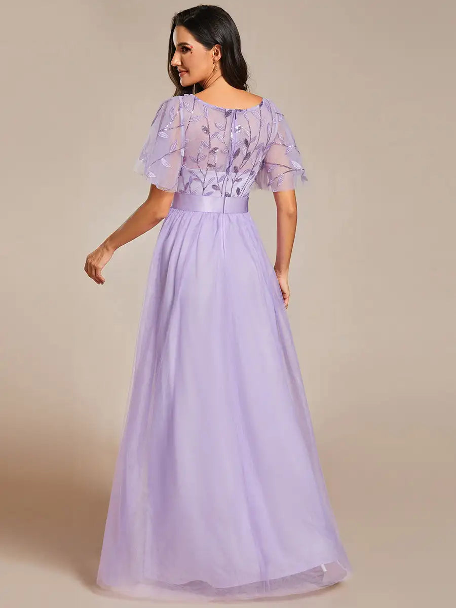 Round Neck Ruffle Sleeve Evening Gown