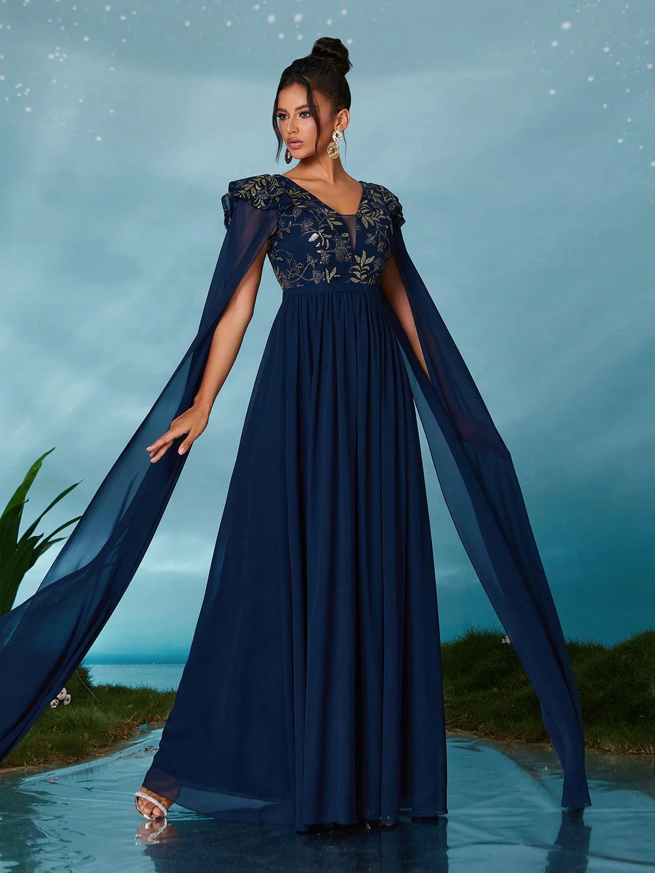 High-end evening dress with V-neck embroidered sequins, lotus leaf pearl chiffon and flappable sleeves