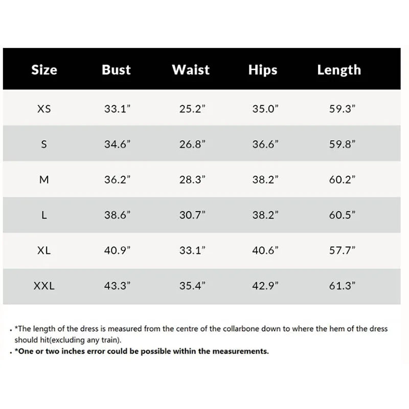 Size chart for a dress with measurements in inches