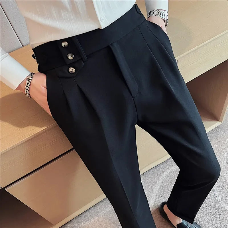 2025 Spring Autumn Men High Waist Belt Design Casual Slim Formal Dress Pant Men Social Office Wedding Party Dress Suit Pants
